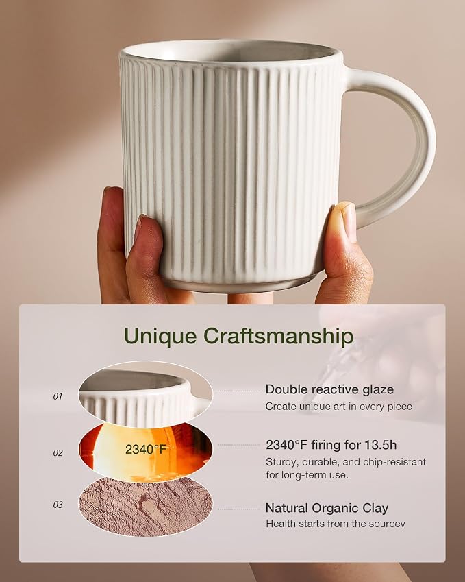 famiware Coffee Mug Set for 4, Star 12 oz Catering Mugs Cup Set with Handle for Coffee, Tea, Cocoa, Milk- Ceramic Stoneware Drinkware Set, Oat