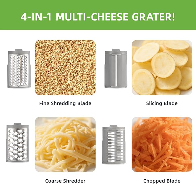 Electric Cheese Grater and Vegetable Slicer, 4 in 1 Salad Maker with Stainless Steel Blades, One-Touch Control Multifunctional Rotary Cutter for Potatoes Carrots Cucumbers Fruits Salad etc.