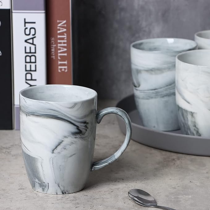 14 OZ Marble Coffee Mugs, M067 Novelty Marble Ceramic Cup for Home and Office, Microwave Dishwasher Safe, Set of 4, Gray
