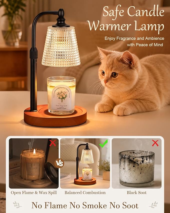 Hong-in Candle Warmer Lamp with Timer Dimmer, Birthday Gifts for Women, House Warming Gifts for New Home, Vintage Room Decor, Adjustable Height Candle Lamp, Wax Warmer for Scented Jar Candles, Walnut