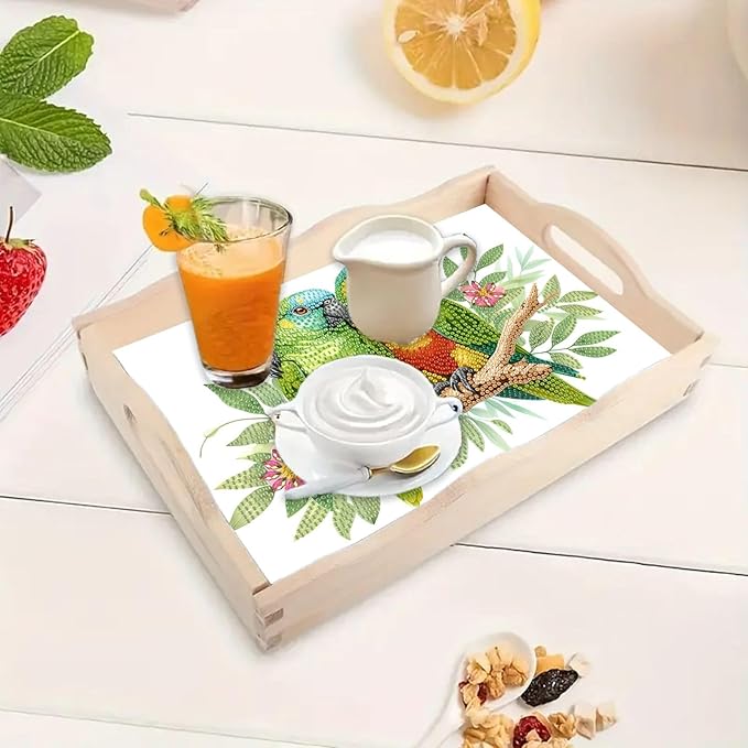 BAYUNOE DIY Diamond Serving Tray Rectangular Wooden Breakfast Tray with Handle Handmade Diamond Art Painting Spring Creative Dinner Plate Coffee Room Living Home Organizer-Parrot