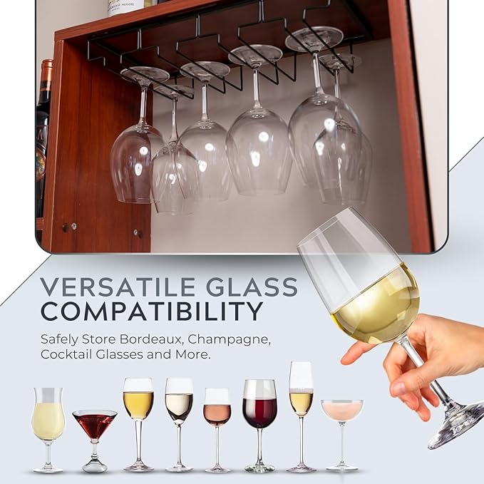 Wine Glass Holder – Practical Under Cabinet Wine Glass Hanger – Heavy-Duty Metal Drinkware Holder Under Cabinet Hanging Rack for Kitchen and Bar – 4 Rack, holiday home bar accessory