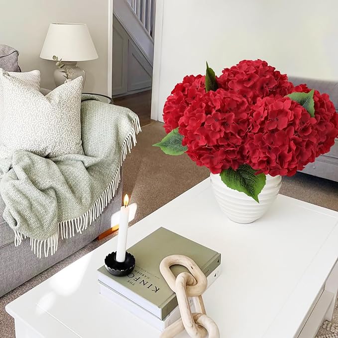 JINWOE 5Pcs Red Silk Hydrangea Artificial Flowers, 20Inch Large Halloween Christmas Lifelike Flowers for Indoor Bouquet Table Centerpieces Floral Arrangements Home Wedding Home