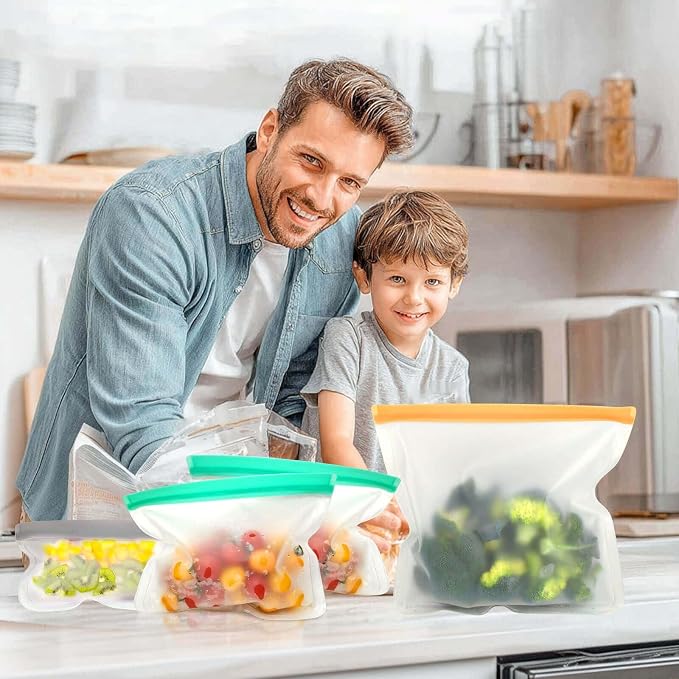 Reusable Freezer Bags Food Storage Bags for Meal Prep Containers, BPA Free Food Storage Bags, Leakproof Reusable Food Bags Dishwasher Safe for Salad Fruit, Vegetables, 3 Gallon 4 Sandwich 1 Snack