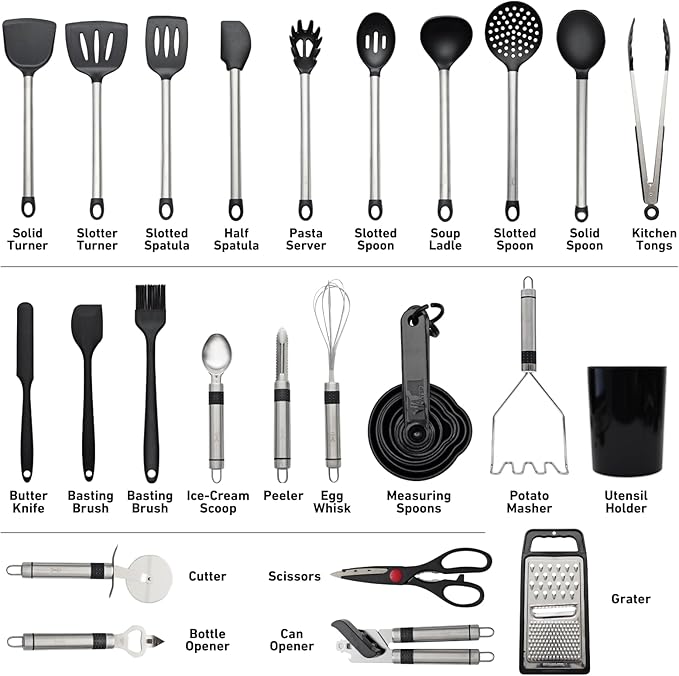 Silicone Kitchen Utensils Set 33 PCS Heat Resistant Food Grade Silicone Utensils Set for Cooking with Stainless Steel Handles BPA Free Kitchen Gadgets Tools Set with Holder Safe for Nonstick Cookware