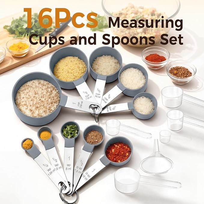 16PCS Measuring Cups and Spoons Set, Measuring Spoon Set with Metric and US Measurements, Fits for Measuring Dry and Liquid (Grey)