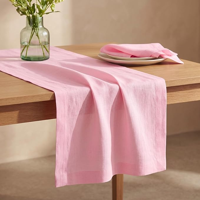 Solino Home Linen Table Runner 48 Inches - 100% Pure Linen Pink Lemonade Table Runner 14 x 48 Inch Ideal for Dresser and Coffee Tables, Spring, Summer - Fete