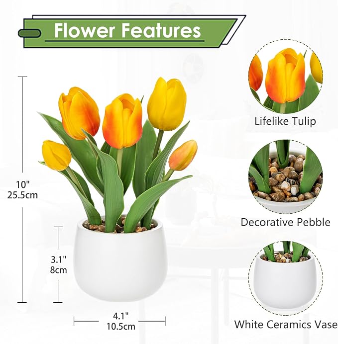 Hollyone Yellow Tulips Artificial Flowers in Vase Fake Tulips Silk Flowers Arrangements Faux Tulip Bulbs with Ceramic Pot Tulip Potted Plants Floral Bouquet for Home Decor Table Centerpiece Decoration