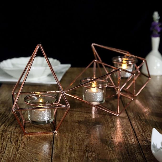 Efavormart 16.5" Rose Gold Geometric Candle Holder Set 3 Metal Geometric Centerpieces Joint Together Votive Glass Holders