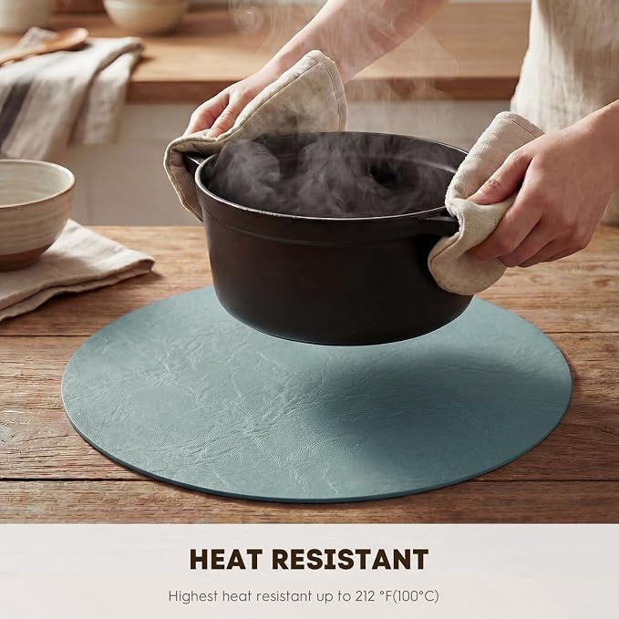 Artoid Mode Blue Faux Leather Placemats Set of 6, 15 Inch Waterproof Wipeable Heat Resistant Vinyl Place Mats, Reversible Table Mats for Winter Kitchen Dining Decor