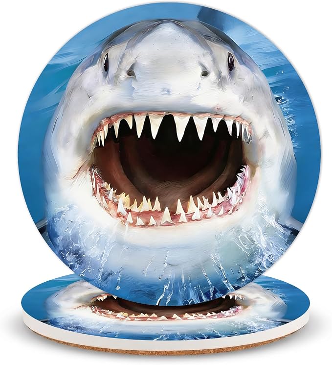 Shark Ceramic Coasters of 2 with Cork Backing Absorbent Cup Coaster | Non-Slip Coasters for Drinks and Coffee Table Office Desk Home Decor, Gifts for Shark Fans, Mom, Ocean Lovers