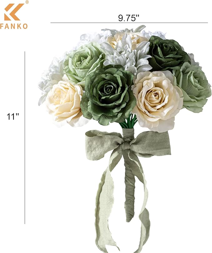 FANKO Artificial Flowers for DIY, Green White Cream Faux Flowers Bouquet, Fake Rose Silk Flowers for Vase, Home Decor, Garlands, Greenery-Themed Wedding, Party, Housewarming