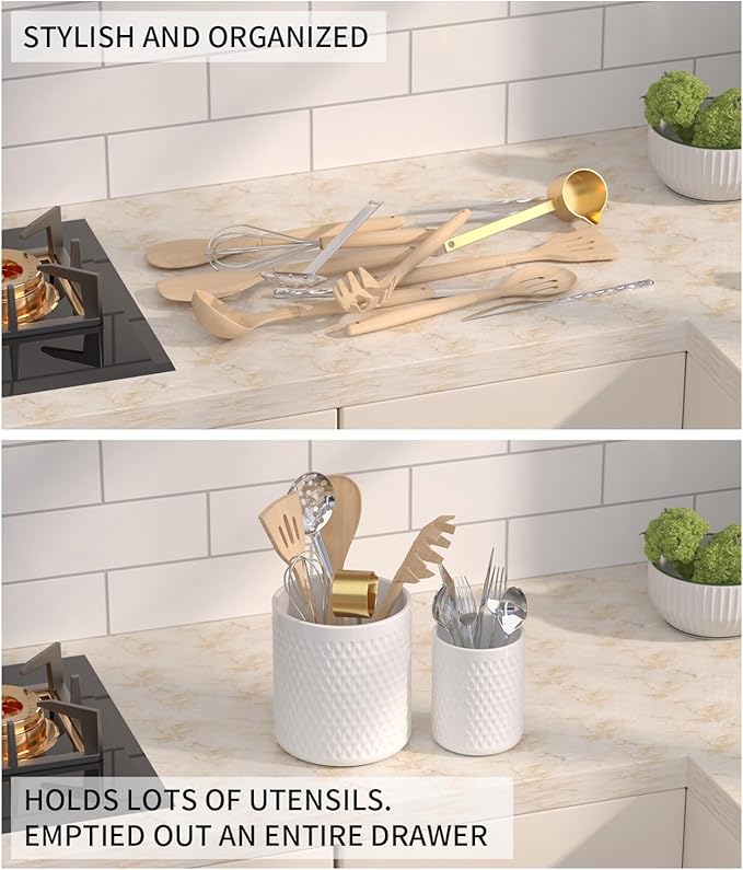 Ceramic Utensil Caddy, Large Spatula Holder, 6.8 inch Cooking Utensil Holder for Kitchen Counter, Farmhouse Kitchen Decor for Silverware Spoon Crocks 2PCK