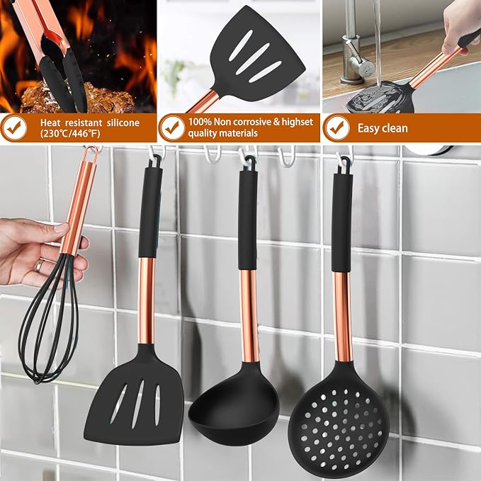 Silicone Cooking Utensil Set, Umite Chef Kitchen Utensils 15pcs Cooking Utensils Set Non-stick Silicone Rose Gold Handle Cooking Tools Whisk Kitchen Tools Set - Balck