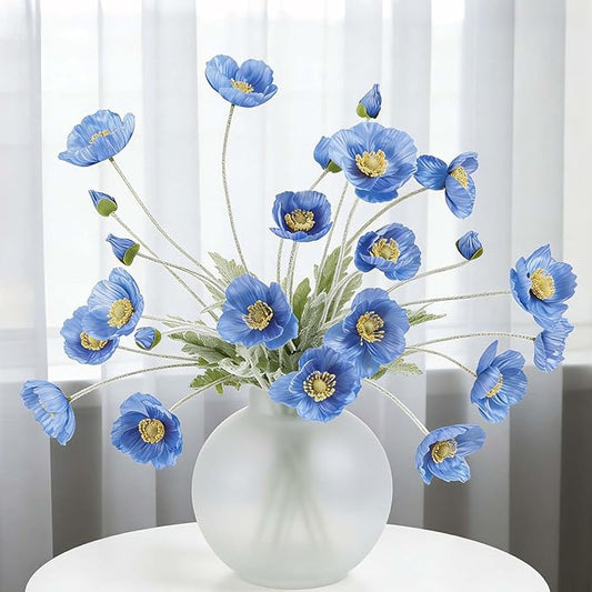 Set of 6 Poppies Flowers Artificial, Real Touch Silk Flowers with Long Stems for Vase, Realistic Faux Wildflowers Arrangement for Home Office Farmhouse Wedding Party Indoor Decor (Dark Blue)