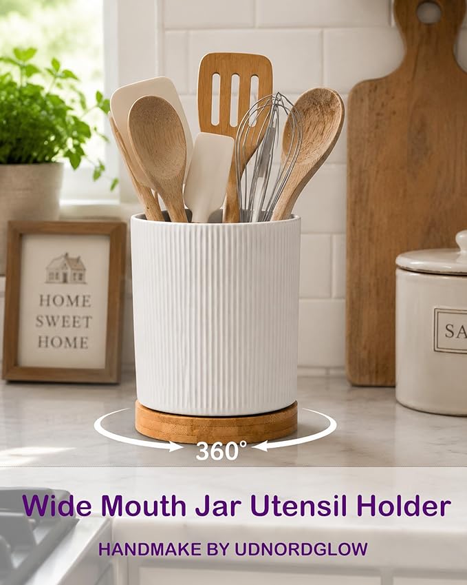 Utensil Holder 360°Rotating for Kitchen Countertop, 7.9'' Ceramic Large Cooking Utensil Crock with wododen for Counter Decor,Morden Utensil Organizer for Spatula, Cream White