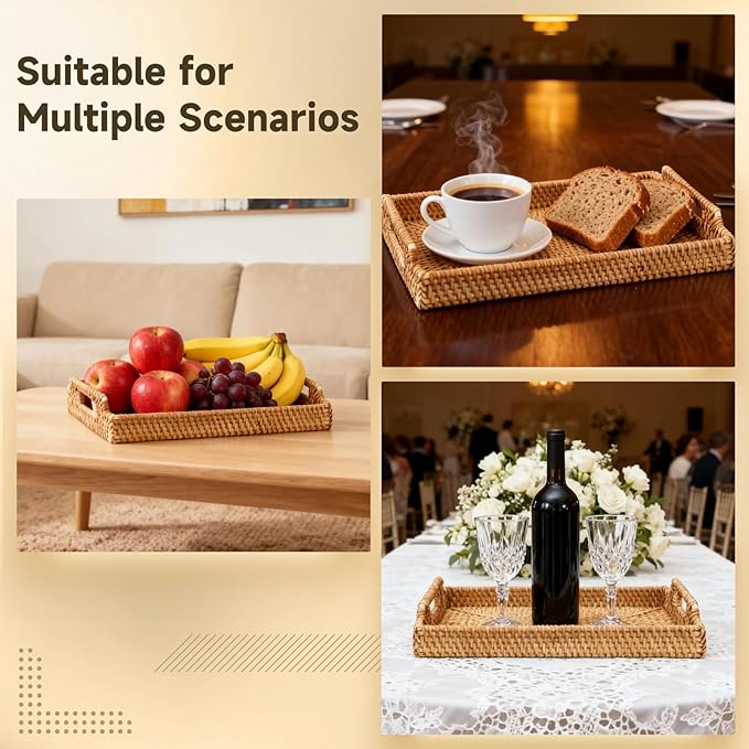 Rattan Serving Tray with Handles, 13.4 x 9.4 x 1.7 in Coffee Table Tray, Vintage Wicker Table Trays for Decor, Suitable for Kitchen, Living Room, or Breakfast in Bed