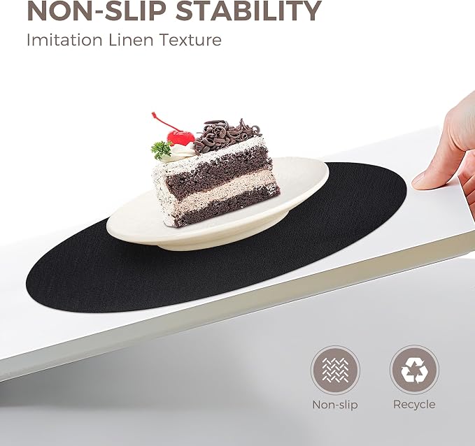 13" Round Placemats Set of 8, Reversible Faux Leather Heat Resistant Table Mats, 100% Waterproof Oilproof Wipeable Table Protective Placemats for Vinyl, Washable for Indoor (8, Black)