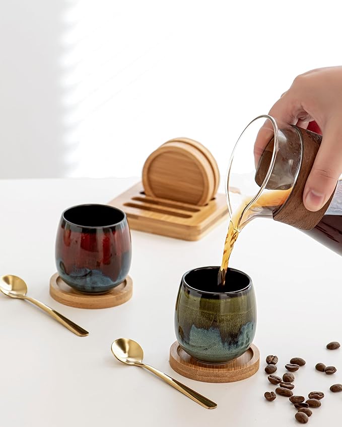 2.7 Oz Mini Espresso Cups Set of 4, Colorful Ceramic Demitasse Cups with Bamboo Coasters & Spoons, Unique Glaze Mugs for Turkish Coffee, Macchiato, Espresso Martini, Dishwasher & Microwave Safe
