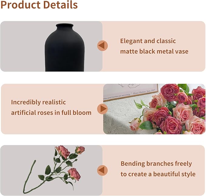Artificial Flowers with Matte Black Metal Vase, 18 Heads Silk Roses,Faux Flowers for Centerpieces,Modern Farmhouse Decor Home Decor, Tabletop Decorations for Party, Kitchen Dining Coffee Table Decor