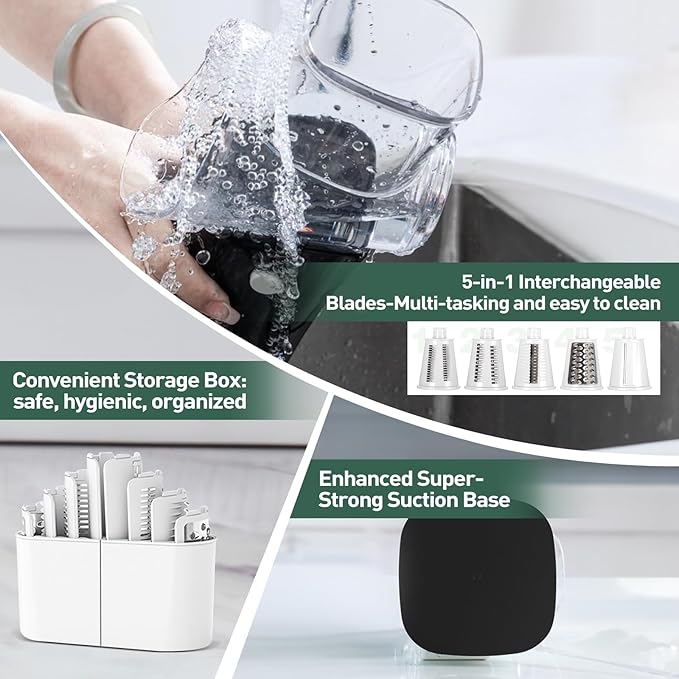 APSARAS USA Cheese Grater Hand Crank, Rotary Cheese Grater, 5 in 1 Rotary Grater, Cheese Shredder Replaceable Stainless Blades with Strong Suction Base, Easy to Clean Kitchen Gadgets with Storage Box