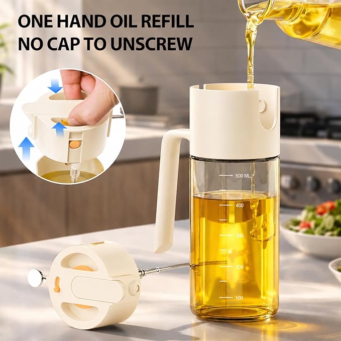 Costop Oil Sprayer for Cooking, 2025 Large Advanced Olive Oil Dispenser Bottle,500ml/17oz Glass Olive Oil Sprayer,2 in 1 Even Spray with Portion Control for Kitchen, Air Fryer, Salad, BBQ - White