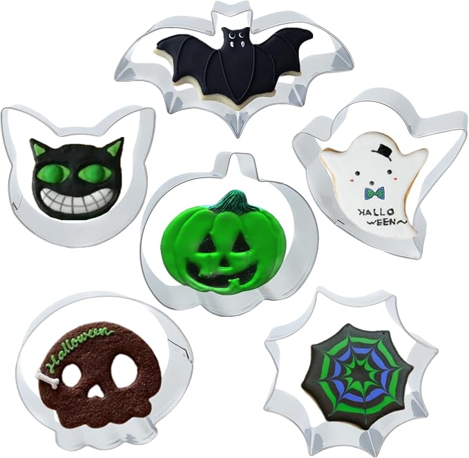 Halloween Cookie Cutters, 6Pcs Cookie Cutters Holiday Shapes Molds Pumpkin, Ghost, Spider Web, Bat, Cat Head, Skull Cookie Cutters with Decorating Instructions