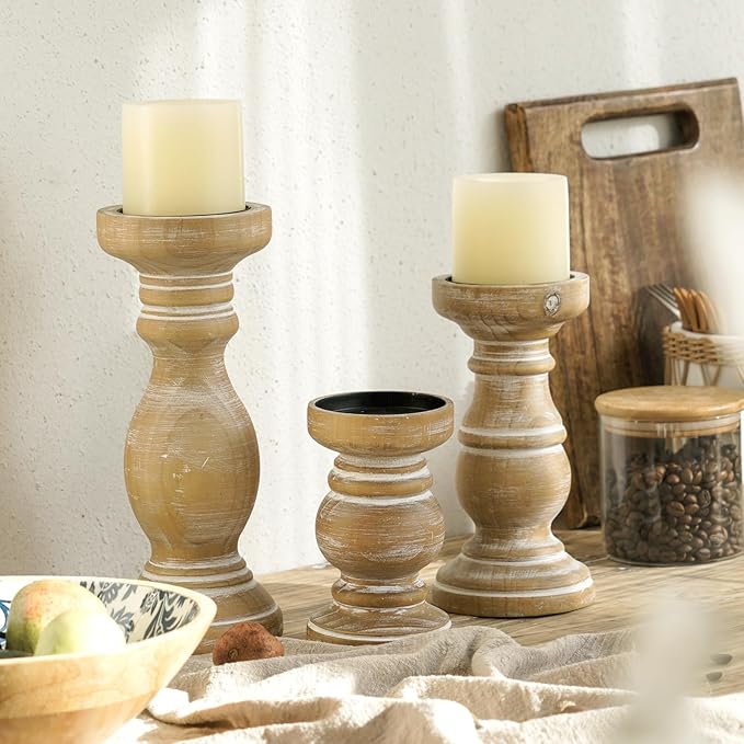 NIKKY HOME Rustic Pillar Candle Holder Set of 3 - Farmhouse Wooden Candlestick Stand for Mantle, Fireplace, Living Room, Brown