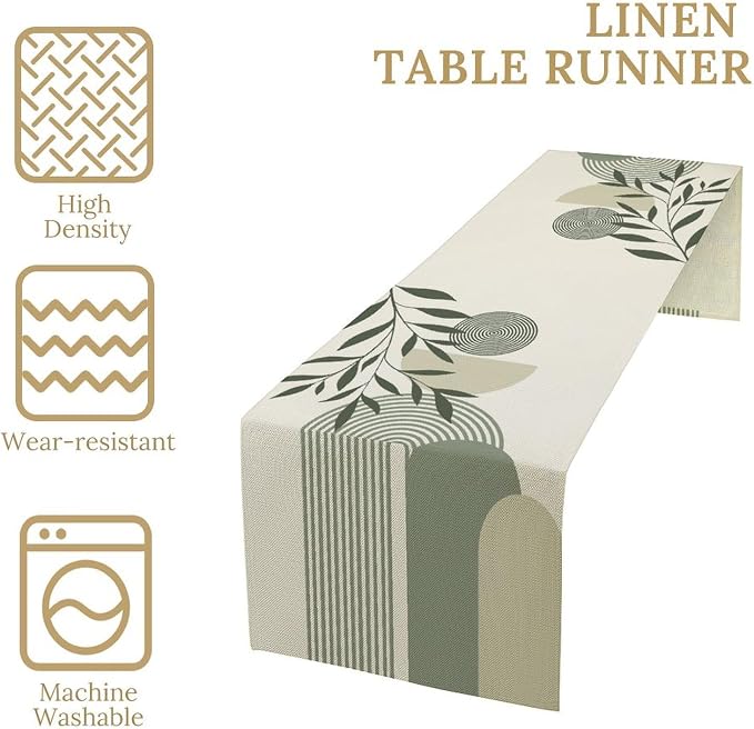 Boho Leaves Table Runner Sage Green Mid Century Modern Abstract Arch Geometric Minimalisted Spring Seasonal Dinner Runner for Farmhouse Kitchen Dining Home Holiday Party 13x70in