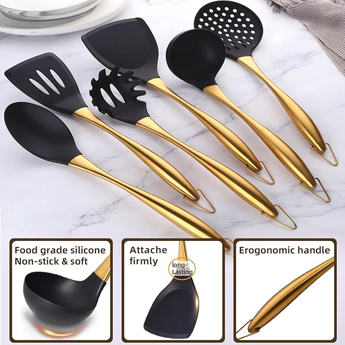 Kitchen Utensils Set, Large Non-stick Silicone Cooking Utensils Set 6 Pcs,Made of 446°F Heat Resistant Food Grade Silicone and Stainless Steel Handles,Easy to Clean Kitchen Gadgets Set (Gold)