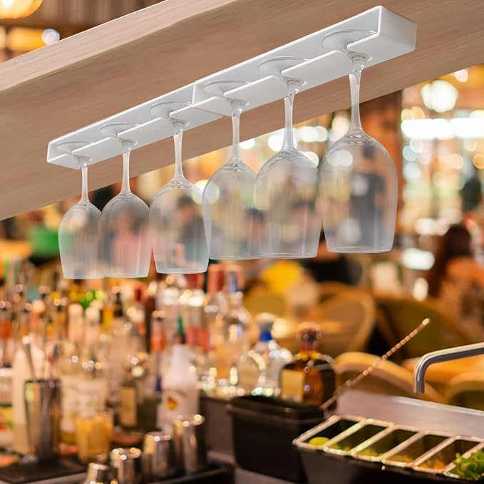 Wine Glass Holder, 2 Pack, No Drilling Required, Hanging Stemware Rack Organizer for Bar Cabinet Kitchen, White