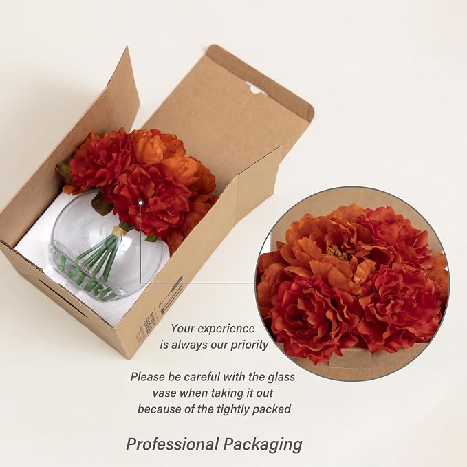 Artificial Flowers in Vase, Silk Peonies Flowers with Faux Water, Burnt Orange Fake Flower Arrangement for Summer Autumn Home Wedding Birthday Party Dining Table Centerpieces Decor & Mom's Gift