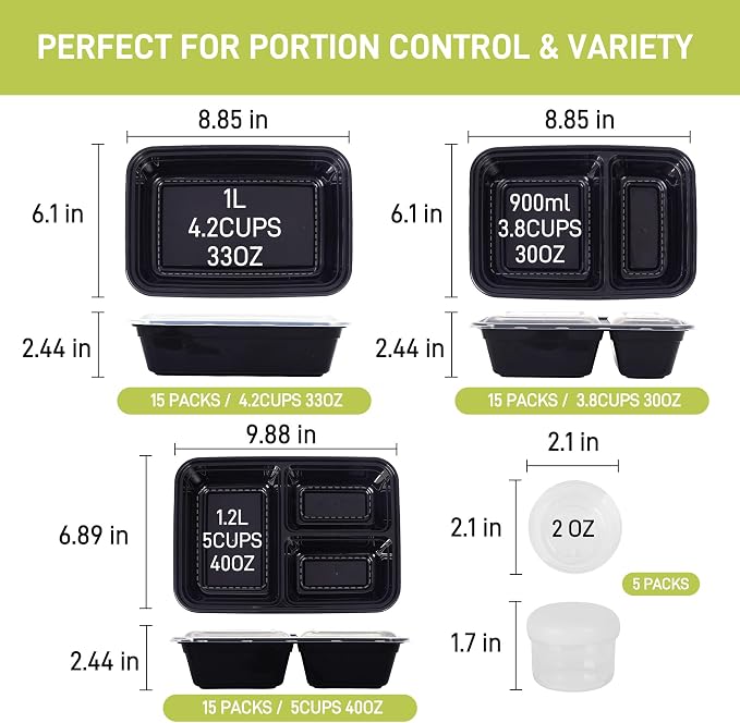 LISI 100-Piece Meal Prep Containers, 33oz Large Food Storage Containers with lids with 1, 2, 3-Compartment, Freezer Safe To-Go/Take-Out Boxes, Includes 5-Pack 2oz Dressing Cups for Take Out