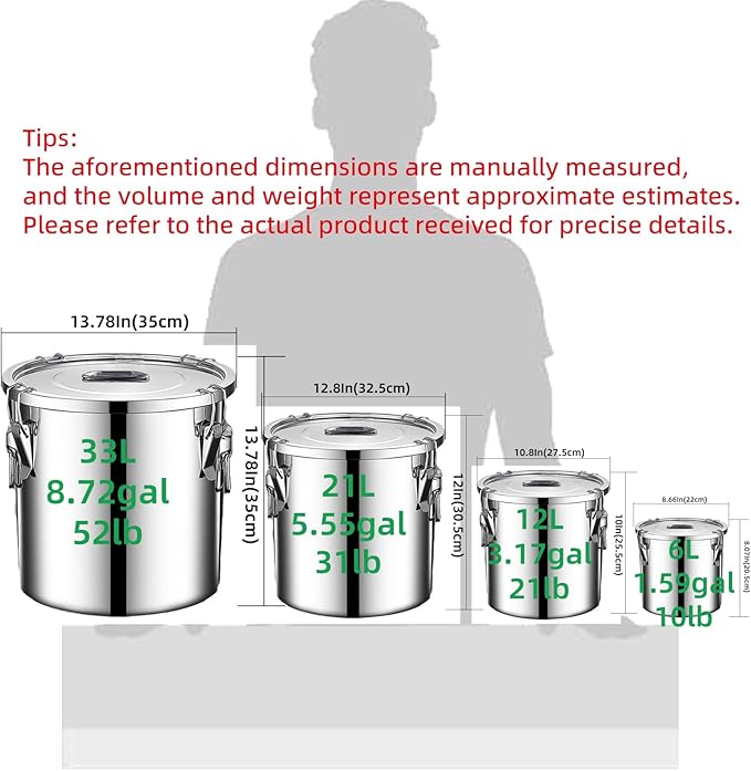 304 stainless steel food storage containers with lids lock clips airtight container large airtight for rice flour sugar grain coffee bean storage containers Kitchen jar (5.55gal/21L)