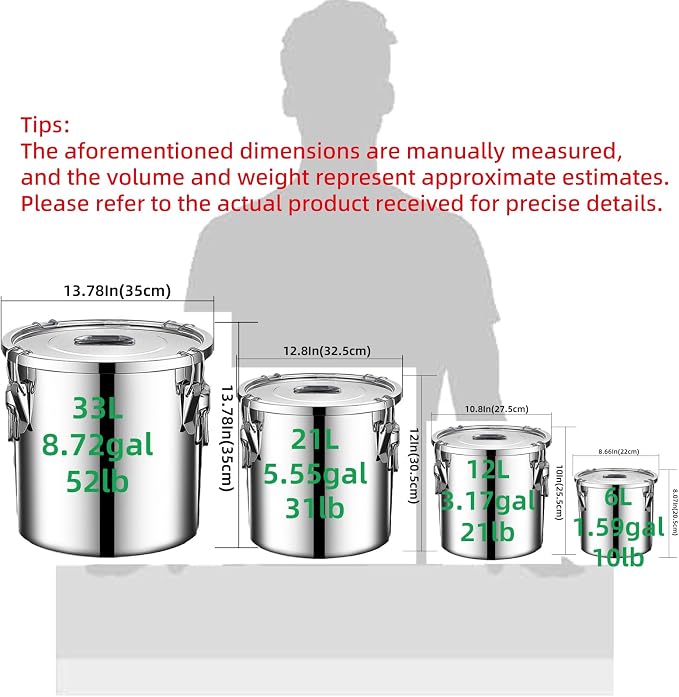 304 stainless steel food storage containers with lids lock clips airtight container large airtight for rice flour sugar grain coffee bean storage containers Kitchen jar (3.17gal/12L)