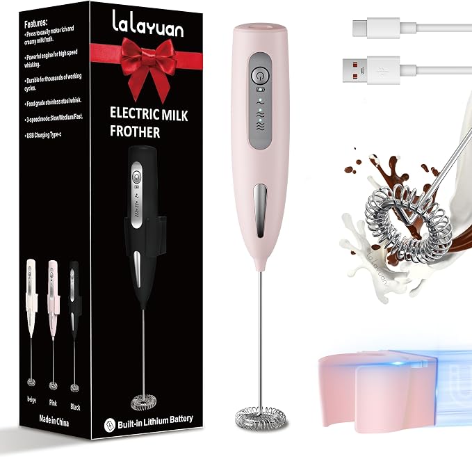 Electric Milk Frother, Three speed adjustment, USB Rechargeable Cordless Hand Blender with Sticky Stand Included, Portable Kitchen Stainless Steel Egg Beater, Mixed Drinks, Coffee Stirrers (Pink)