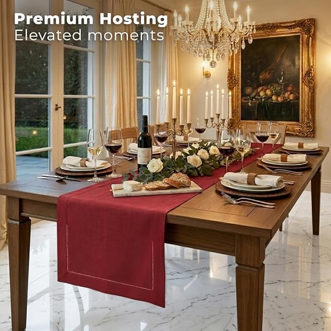 Signature Linen™ by D'Moksha Red Table Runner 120 Inches Long, 100% Pure Linen, Hemstitch, 14 x 120 Inch Table Runner for Dresser, Dining- Summer, Father's & Independence Day