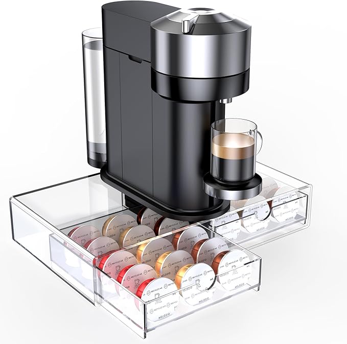 Compact Acrylic Coffee Pods Drawer Organizer Compatible with Nespresso Vertuo Pods, Easy to See Available Pods Options, Smooth Pull-Out, Holds 30 Capsules for Small Countertop
