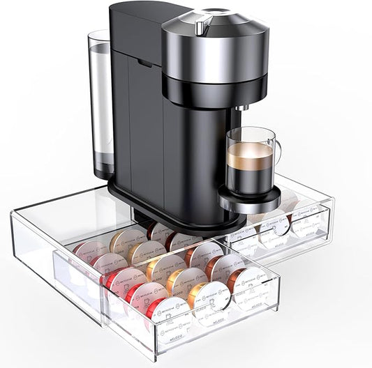 Compact Acrylic Coffee Pods Drawer Organizer Compatible with Nespresso Vertuo Pods, Easy to See Available Pods Options, Smooth Pull-Out, Holds 30 Capsules for Small Countertop