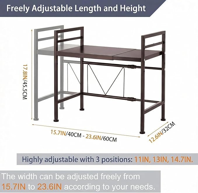PUSDON Expandable Microwave Oven Rack, 2-Tier Countertop Baker's Rack Style Shelf, Heavy Duty Stand with 3 Hooks, 160lbs Capacity Rustic Farmhouse Decor, Vintage Bronze