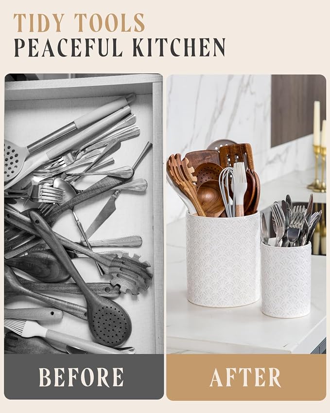 Nucookery Utensil Holder for Kitchen Counter, White Large Stable Ceramic Cooking Utensil Crock for Countertop Organizer, Farmhouse Decor, Set of 2, 7.1"&5.4",Christmas Thanksgiving Gift, Petal Pattern
