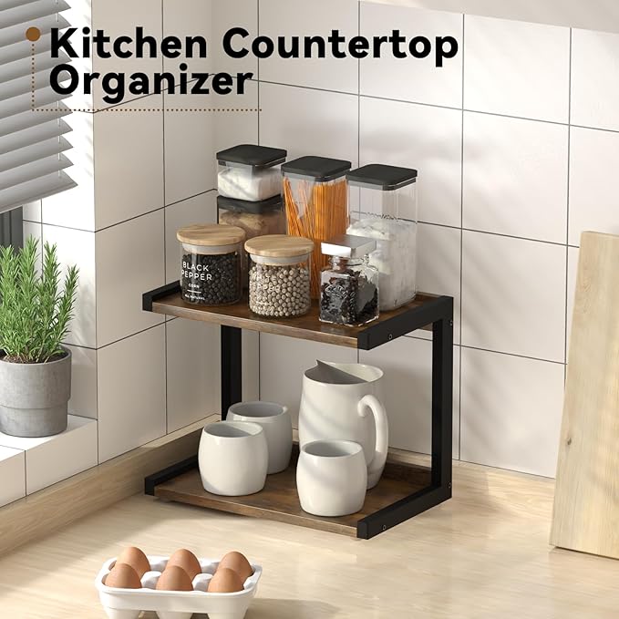 MARTY 2 Tier 12.6"x7.7" Counter Shelf Organizer Kitchen Spice Rack for Countertop, Coffee Station Organizer for Mugs Cups, Wood Shelf Desk Storage Organizer for Bathroom Home Office (Rustic Brown)
