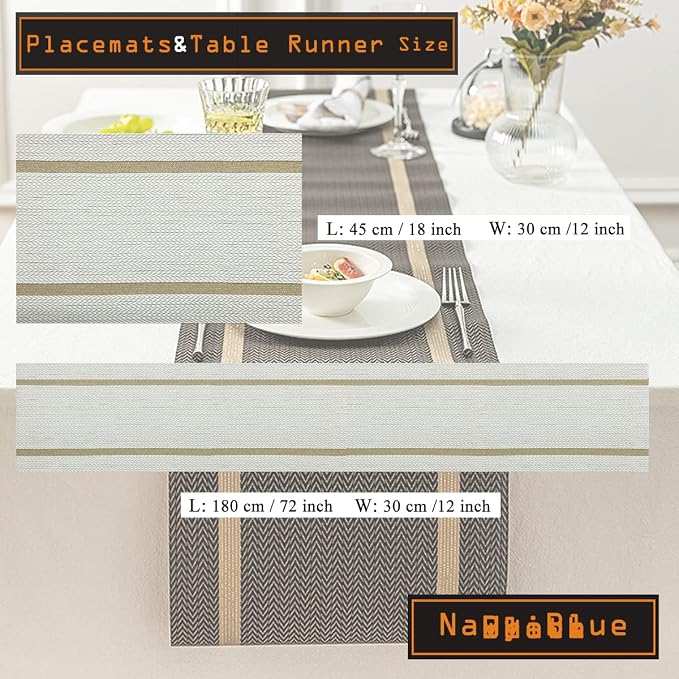 PIGCHCY Luxurious Placemats and Table Runner Set, Stylish Durable Placemats Set of 6 for Home Wedding Hotel Decoration (Beige White)