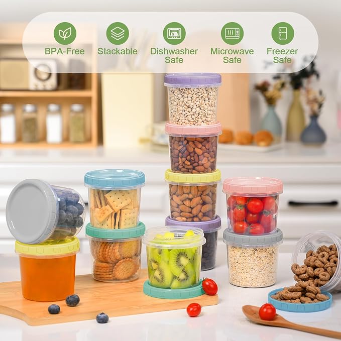 24 Piece 10 oz Plastic Food Storage Containers with Lids, Reusable Freezer Storage Containers, Small Meal Prep Containers with Pen and Brush, BPA-Free, Screw Top, Microwave & Dishwasher Safe