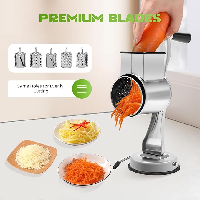 5-in-1 Stainless Steel Rotary Cheese Grater & Vegetable Slicer with 5 Interchangeable Blades, Countertop Cheese Grater Manual Kitchen Shredder Round Food Chopper for Fruit, Vegetables, Nuts and More