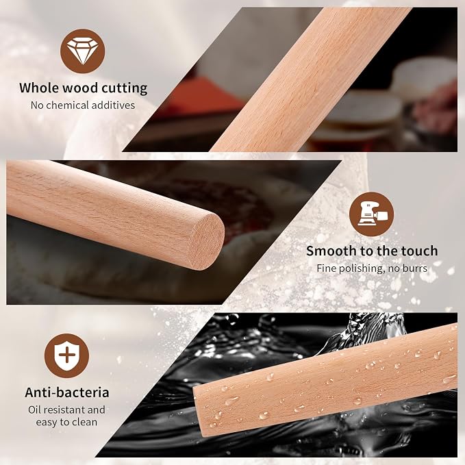 French Rolling Pin (18.92Inches) –WoodenRoll Pin for Fondant, Pie Crust, Cookie, Pastry, Dough –Tapered Design & Smooth Construction - Essential Kitchen Utensil- Easy Clean Handle