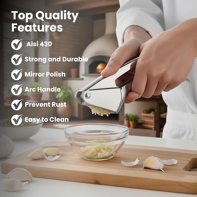 KUYRA Garlic Press Stainless Steel – Heavy Duty No-Peel Garlic Crusher & Mincer, High Capacity Chamber, Rust-Free 304 Steel, Easy Clean & Dishwasher Safe Clove Crusher & Hand Mincer