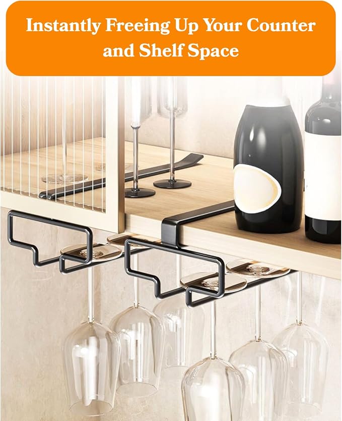 LINFIDITE Wine Glass Holder 2PCS Stemware Rack Hanger Under Cabinet Wine Glass Rack Kitchen Hanging Storage Rack Organizer,Black (For Partition Thickness under 1.18")
