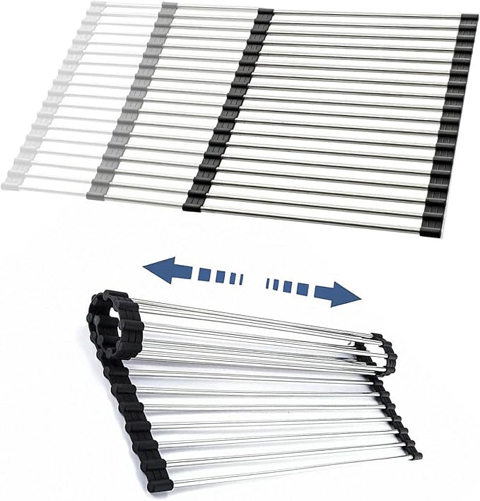 CHIRISEN Expandable Roll Up Dish Drying Rack Large, Foldable Over The Sink Dish Drying Rack, Collapsible Stainless Steel Drainer Over Sink Dish Drying Rack for Kitchen Counter (Black, 21.25''x12.79'')
