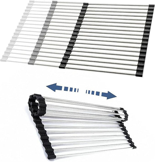 CHIRISEN Expandable Roll Up Dish Drying Rack Large, Foldable Over The Sink Dish Drying Rack, Collapsible Stainless Steel Drainer Over Sink Dish Drying Rack for Kitchen Counter (Black, 21.25''x12.79'')
